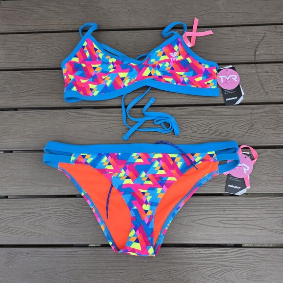TYR Womens Durafast Le Reve  Blue/neon Tieback Top Workout Bikini Size M NEW - Picture 2 of 4